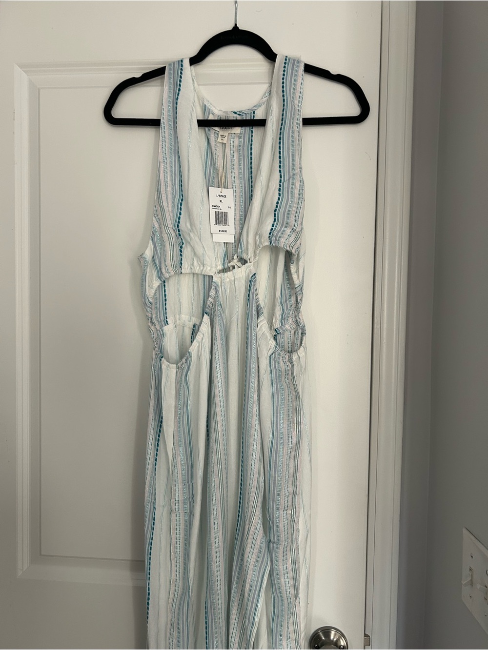 l*space White and Teal Striped Cutout Midi Dress